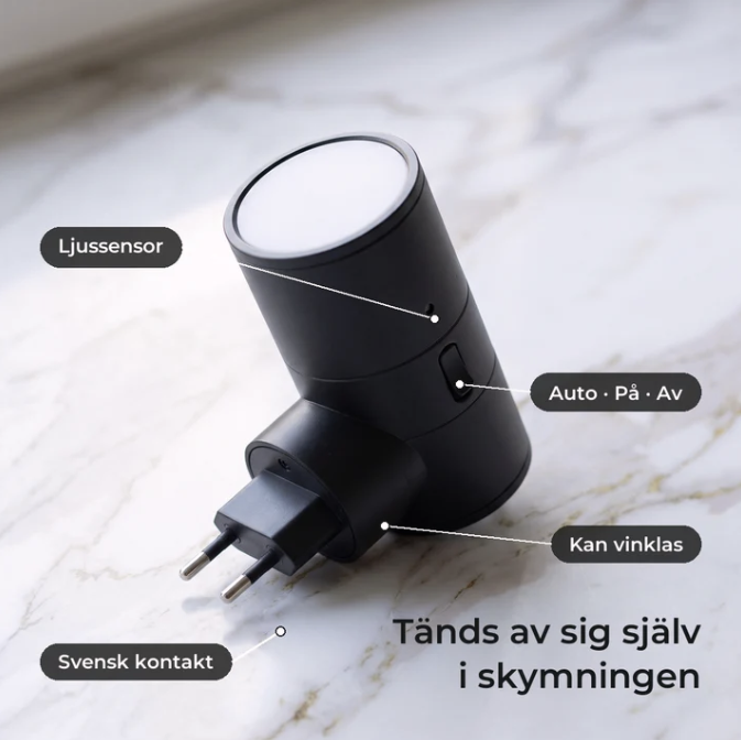 Luno vägglampa med ljussensor, svensk kontakt och lägen Auto, På, Av